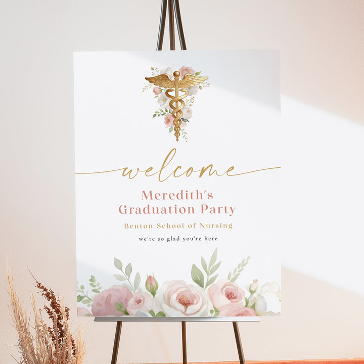 MEREDITH Blush Floral Watercolor Medical Nursing Graduation Welcome Sign