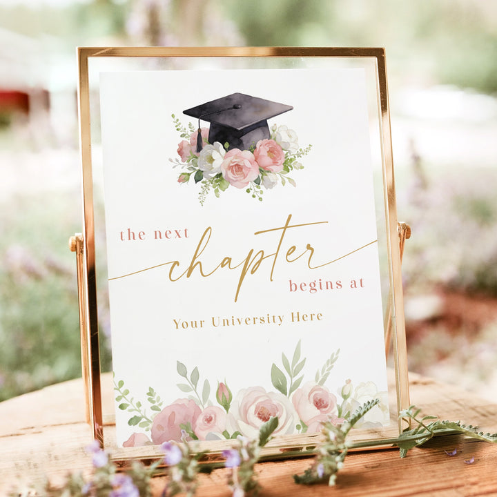 MEREDITH Blush Floral Next Chapter Begins Graduation Table Sign Unframed