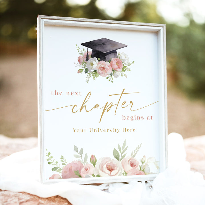MEREDITH Blush Floral Next Chapter Begins Graduation Table Sign Unframed
