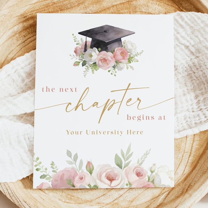 MEREDITH Blush Floral Next Chapter Begins Graduation Table Sign Unframed