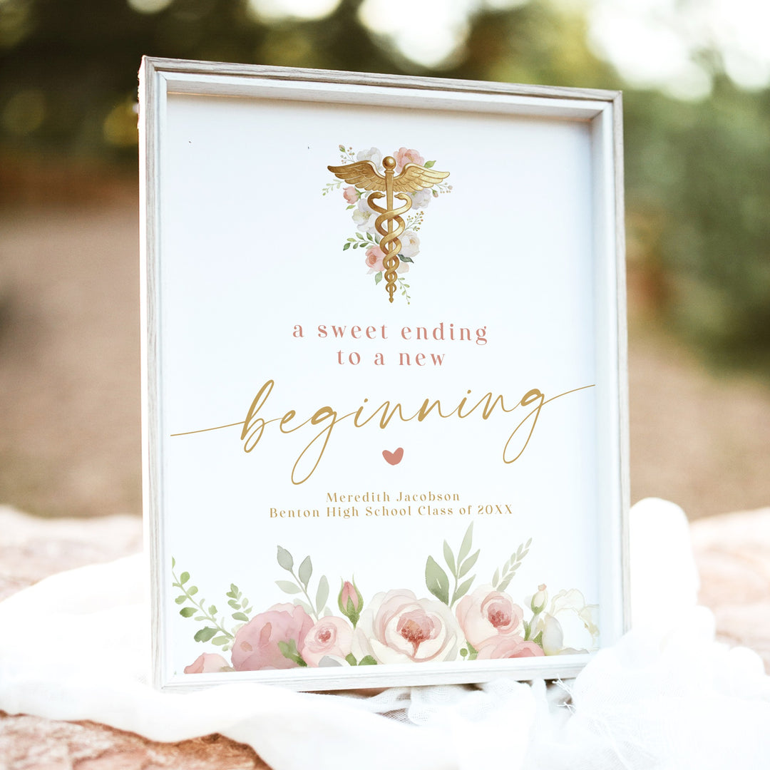 MEREDITH Blush Floral New Beginning Nursing Graduation Dessert Table Sign Unframed