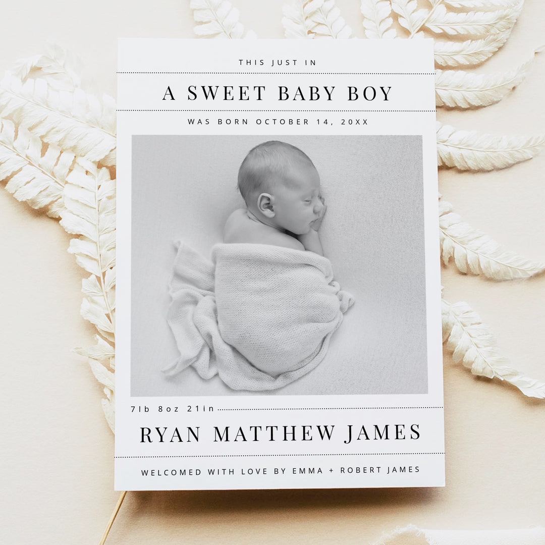 NELLIE Newspaper Black & White Modern Sweet Baby Boy Birth Announcement Card