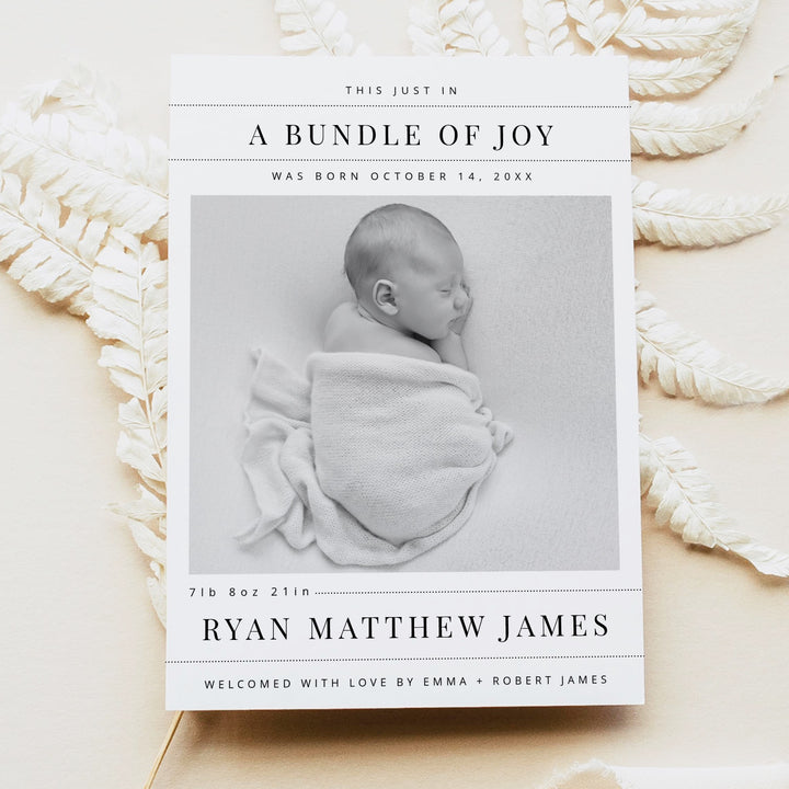 NELLIE Newspaper Black & White Modern Bundle of Joy Birth Announcement Card