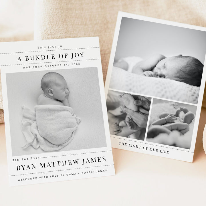 NELLIE Newspaper Black & White Modern Bundle of Joy Birth Announcement Card