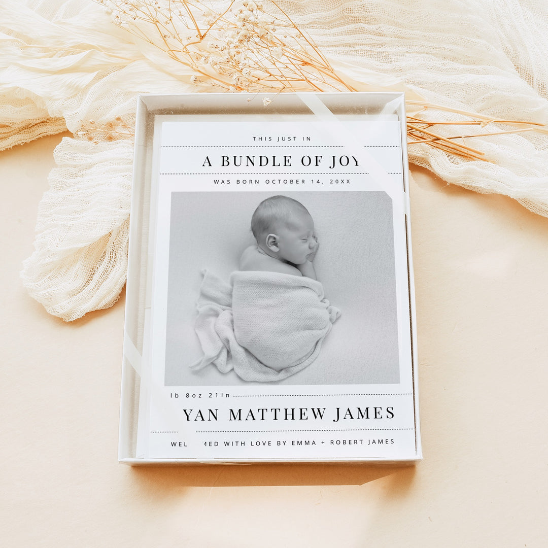 NELLIE Newspaper Black & White Modern Bundle of Joy Birth Announcement Card