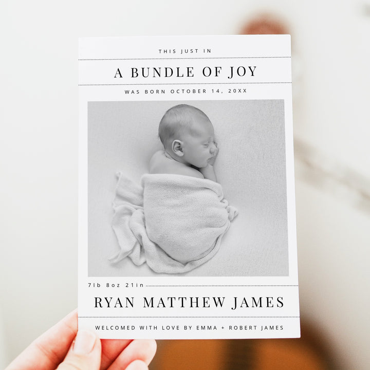 NELLIE Newspaper Black & White Modern Bundle of Joy Birth Announcement Card