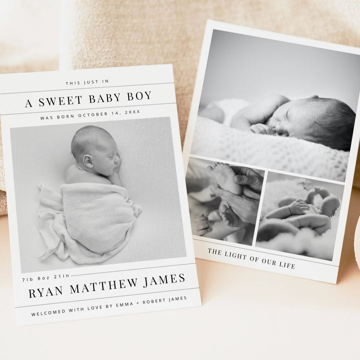 NELLIE Newspaper Black & White Modern Sweet Baby Boy Birth Announcement Card