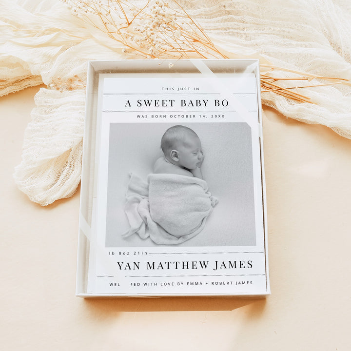 NELLIE Newspaper Black & White Modern Sweet Baby Boy Birth Announcement Card