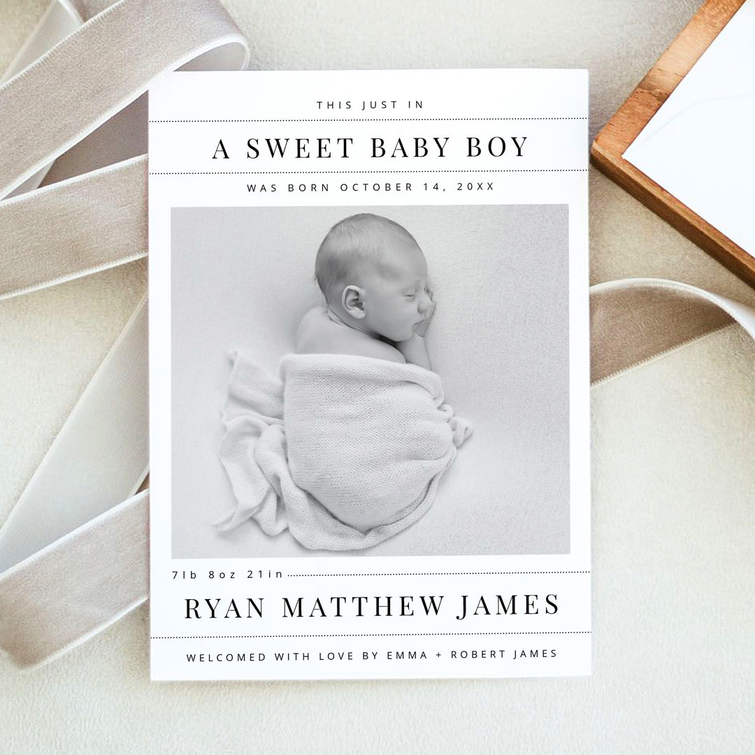 NELLIE Newspaper Black & White Modern Sweet Baby Boy Birth Announcement Card