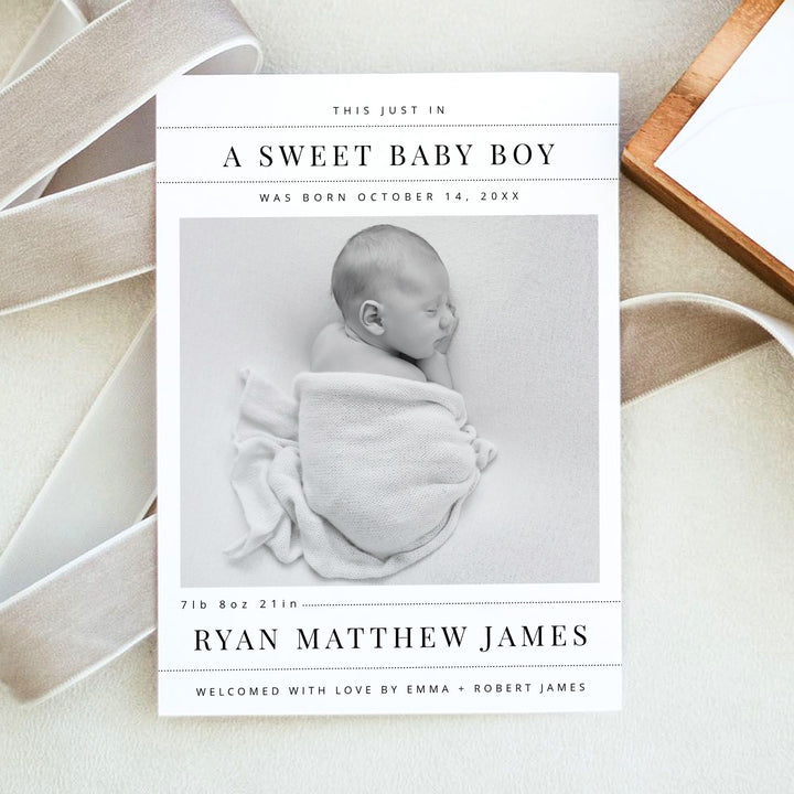 NELLIE Newspaper Black & White Modern Sweet Baby Boy Birth Announcement Card