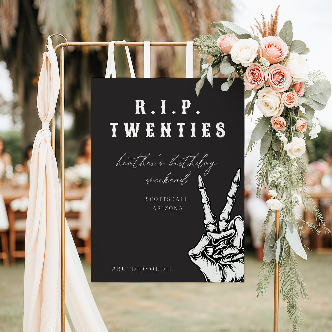 NOVA RIP Twenties Goth Skeleton 30th Birthday Party Welcome Sign