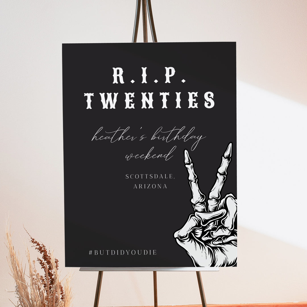 NOVA RIP Twenties Goth Skeleton 30th Birthday Party Welcome Sign
