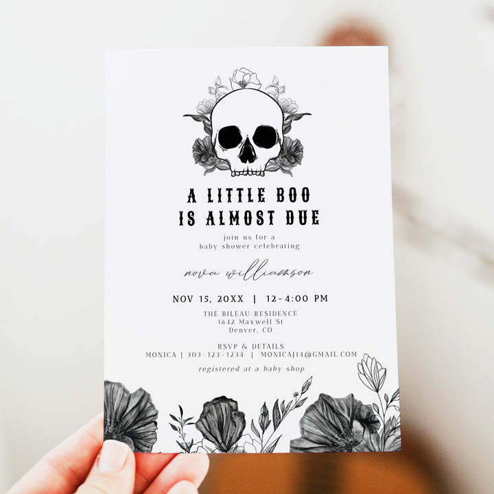 NOVA Little Boo Goth Skull Halloween Baby Shower Invitation