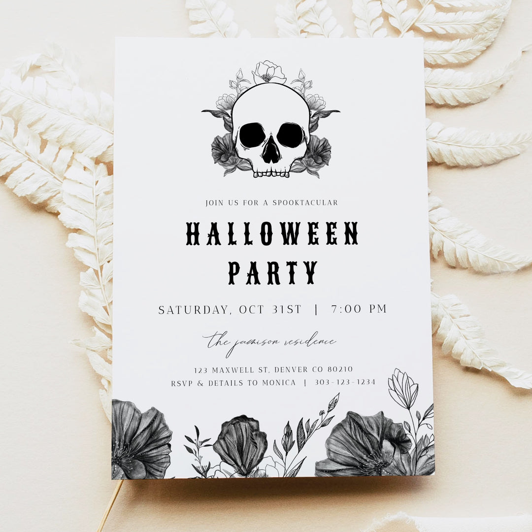 NOVA Skull & Black Floral Halloween Party Invitation