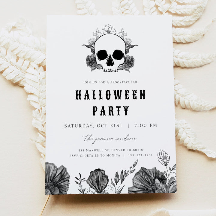 NOVA Skull & Black Floral Halloween Party Invitation