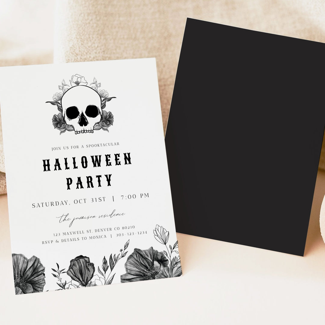 NOVA Skull & Black Floral Halloween Party Invitation