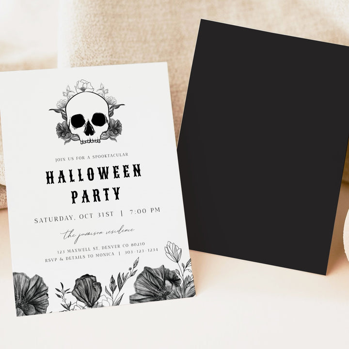 NOVA Skull & Black Floral Halloween Party Invitation