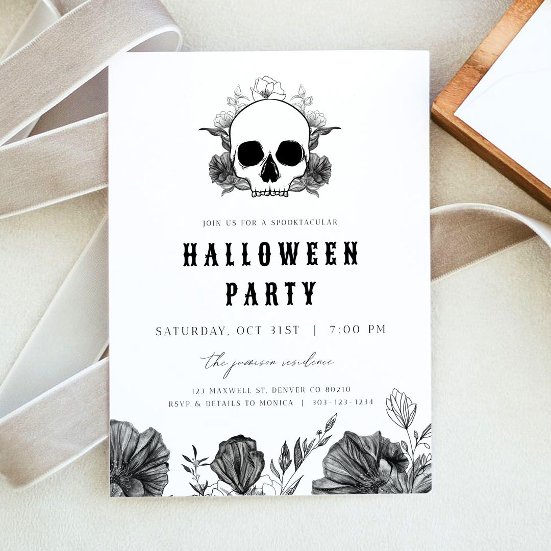 NOVA Skull & Black Floral Halloween Party Invitation