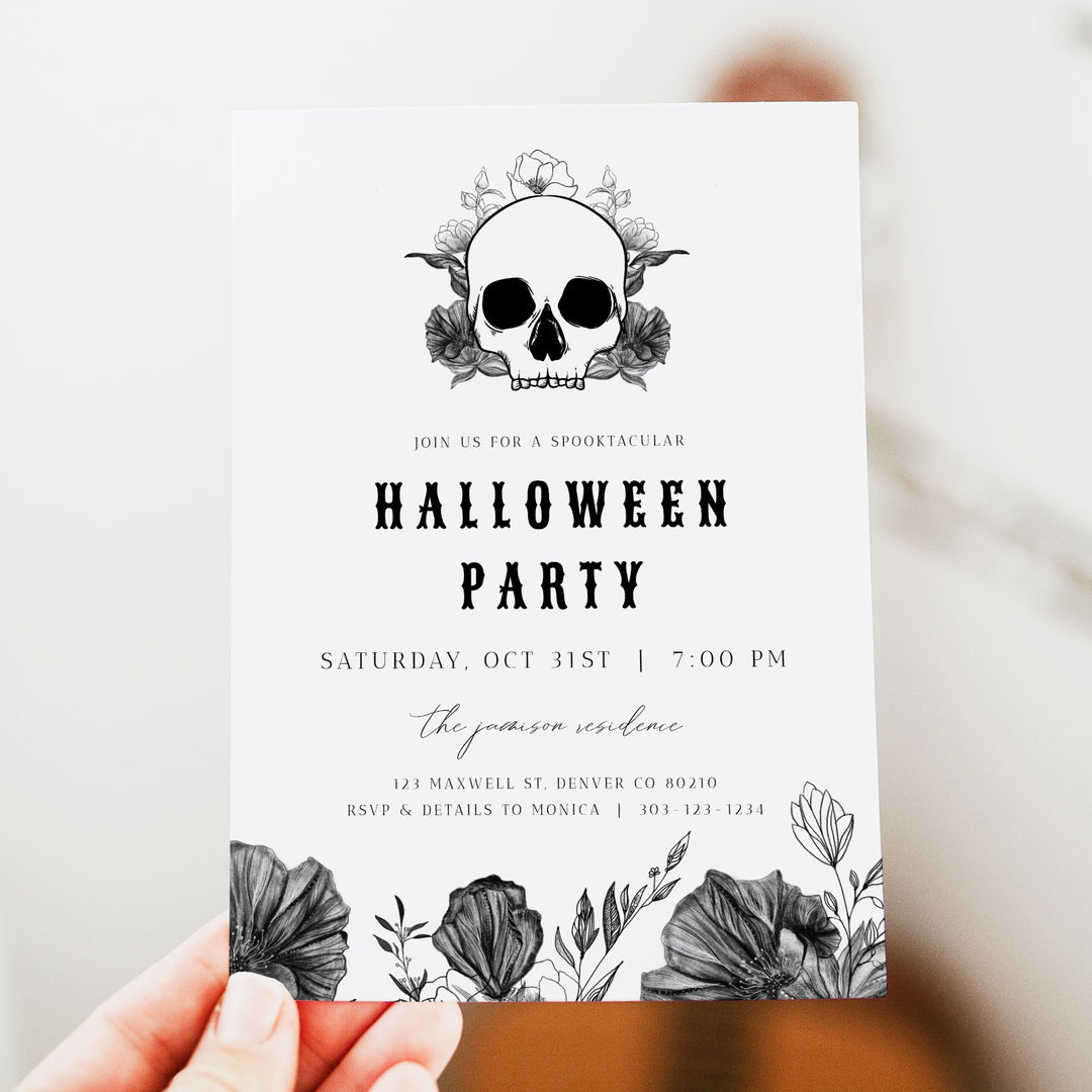 NOVA Skull & Black Floral Halloween Party Invitation