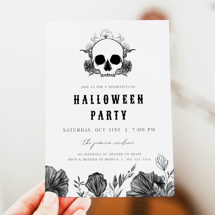 NOVA Skull & Black Floral Halloween Party Invitation