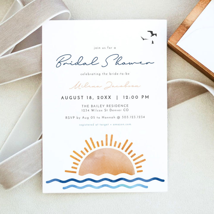 OCEANSIDE Beach Sunset Bridal Shower Invitation with Photo