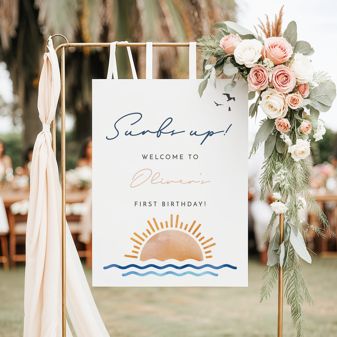 OCEANSIDE Surfs Up Seaside Sunset Birthday Party Welcome Sign