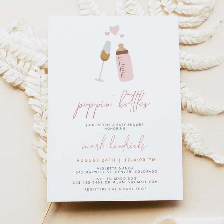 ANDI Poppin' Bottles Pink Champagne Glass Baby Girl Baby Shower Invitation