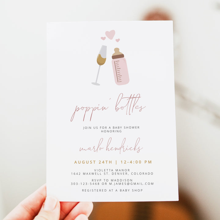 ANDI Poppin' Bottles Pink Champagne Glass Baby Girl Baby Shower Invitation