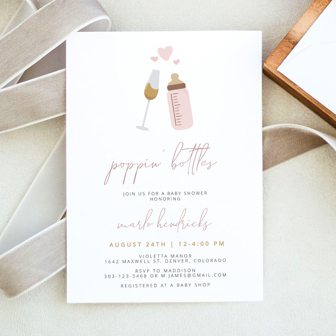 ANDI Poppin' Bottles Pink Champagne Glass Baby Girl Baby Shower Invitation