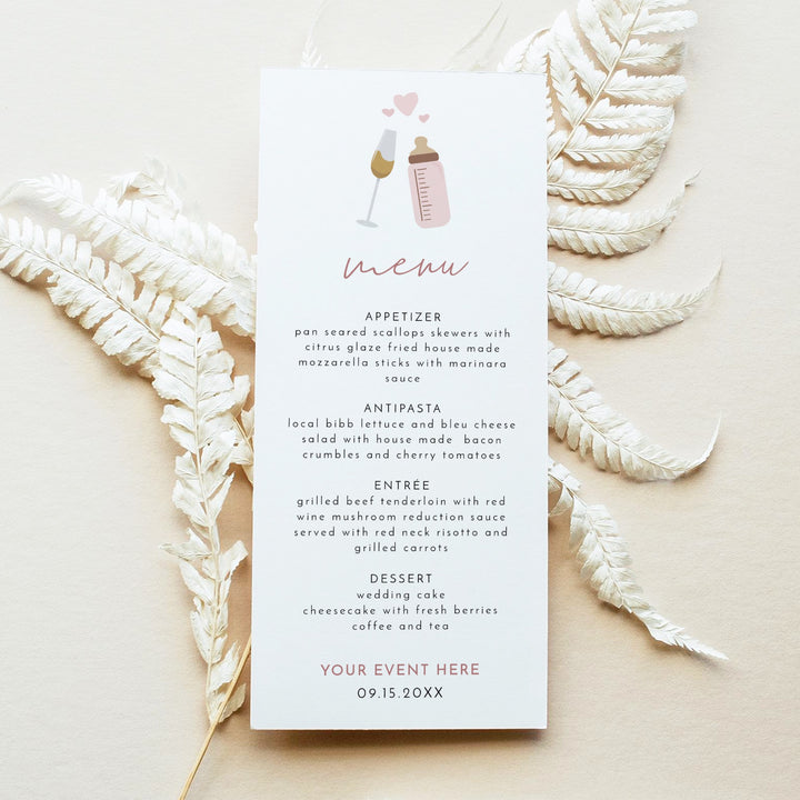 ANDI Poppin' Bottles Pink Champagne Glass Baby Shower Menu Cards