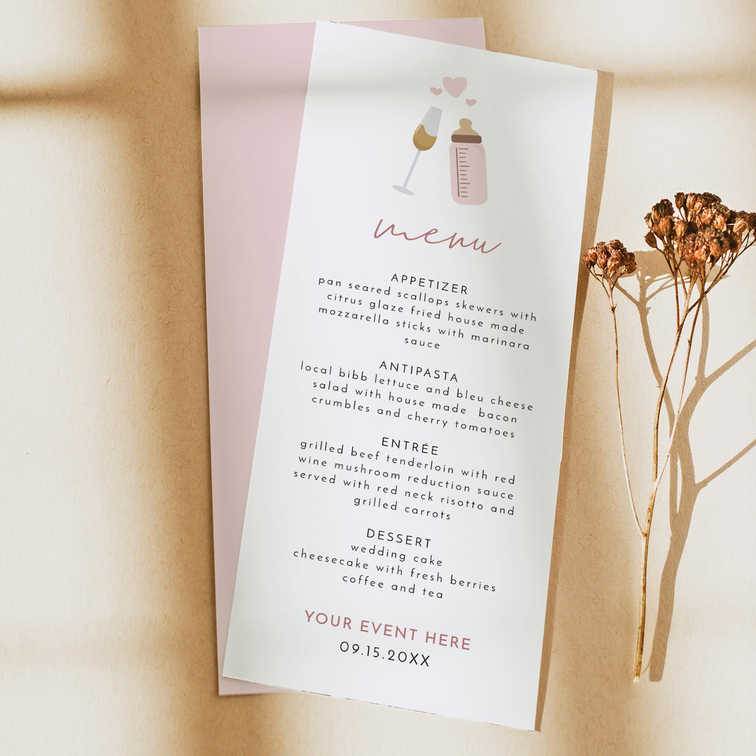 ANDI Poppin' Bottles Pink Champagne Glass Baby Shower Menu Cards