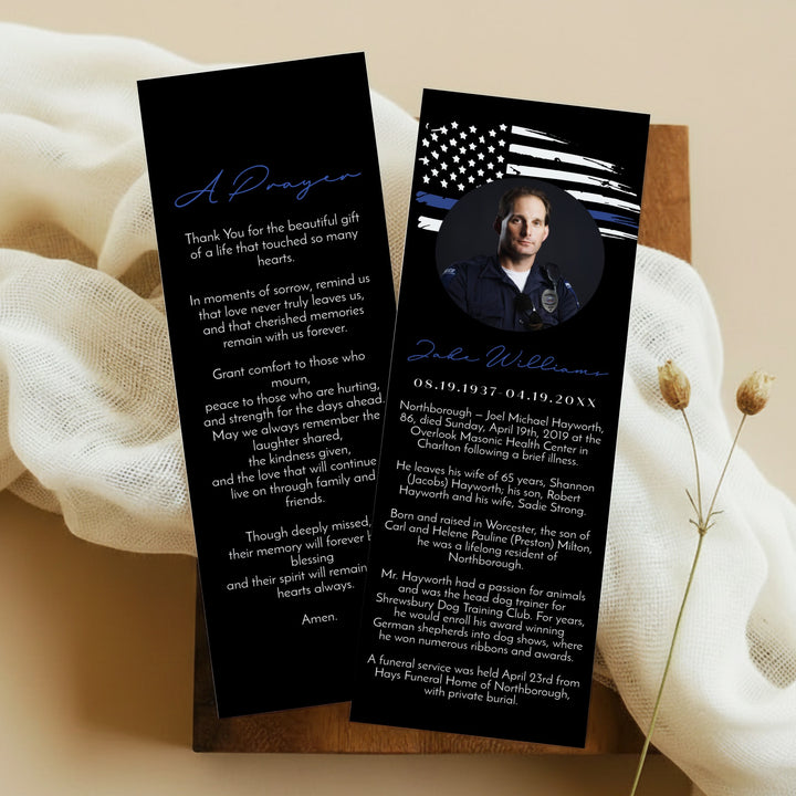 POLICE Thin Blue Line Police Unlaminated Black Memorial Prayer Bookmark