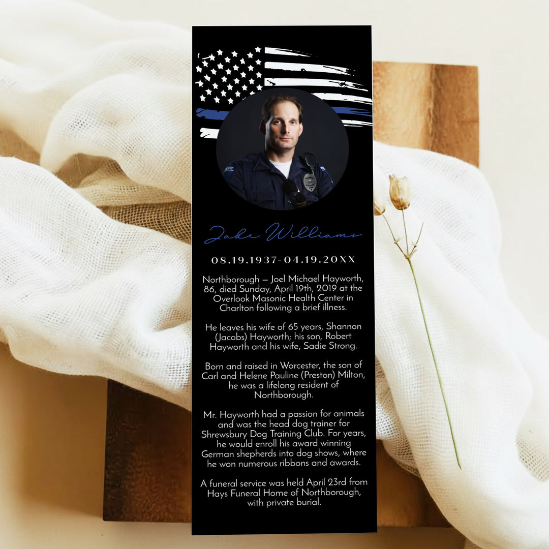 POLICE Thin Blue Line Police Unlaminated Black Memorial Prayer Bookmark