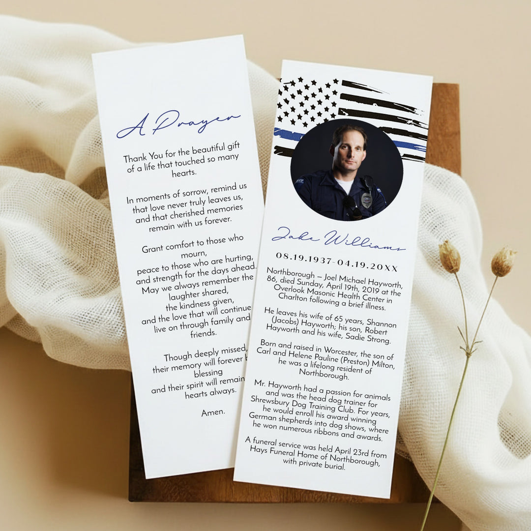 POLICE Thin Blue Line Police Unlaminated Memorial Prayer Bookmark