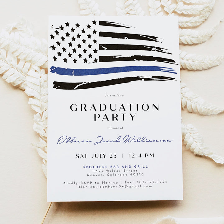 POLICE Modern Thin Blue Line American Flag Police Academy Graduation Party Invitation with Photo
