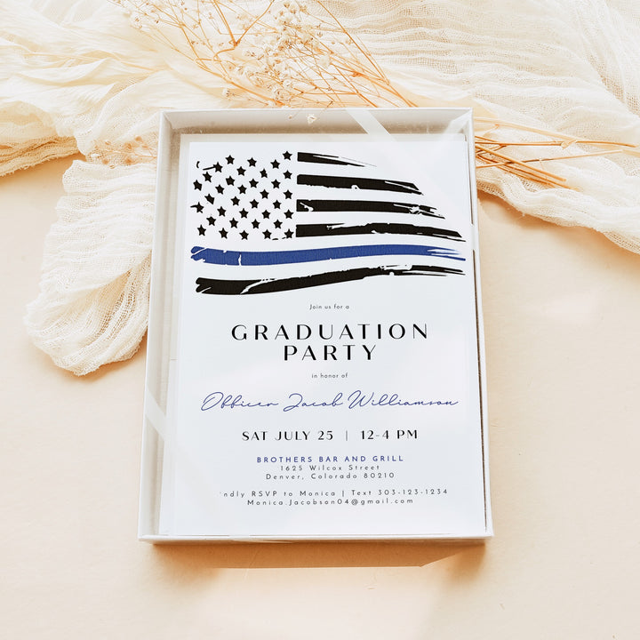 POLICE Modern Thin Blue Line American Flag Police Academy Graduation Party Invitation with Photo
