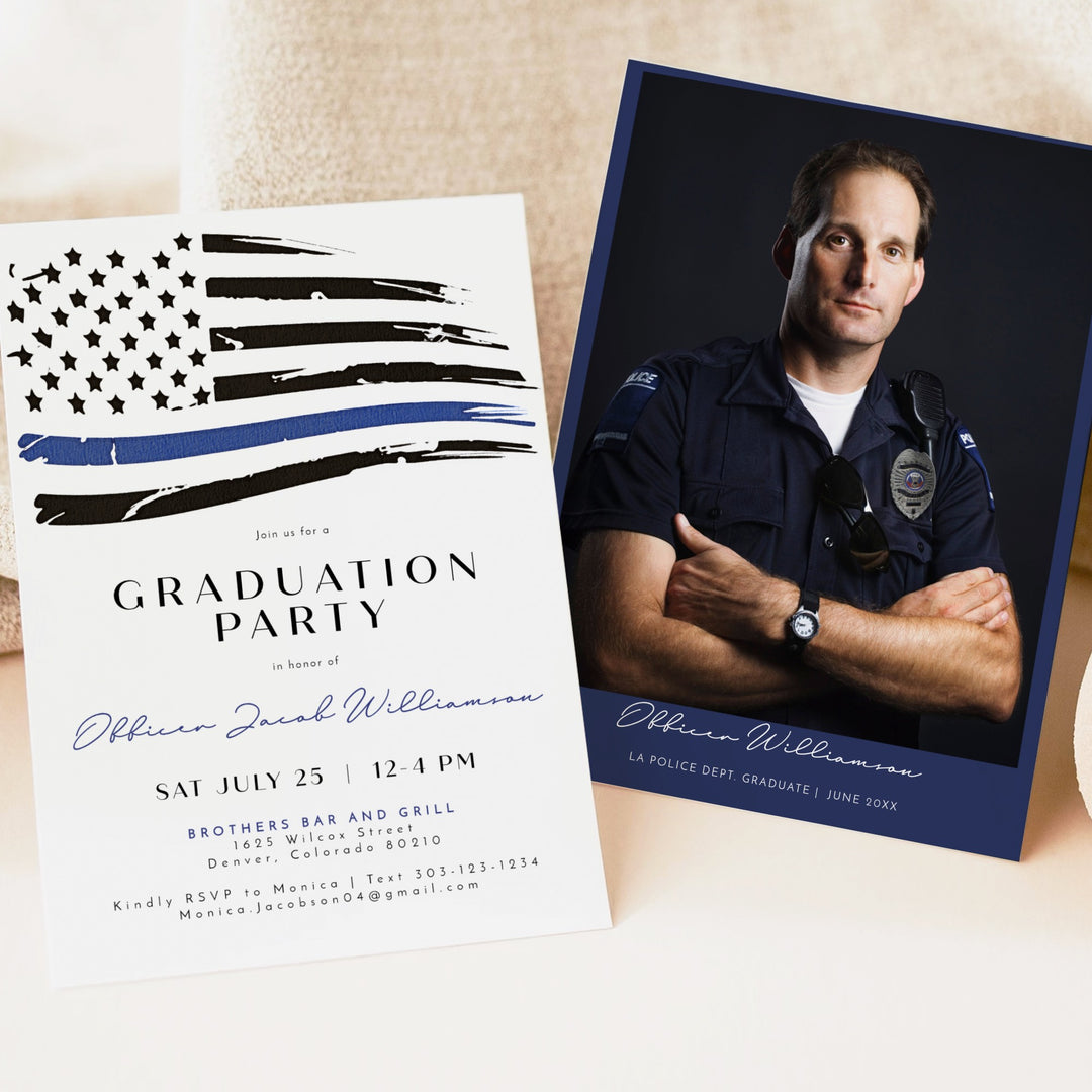 POLICE Modern Thin Blue Line American Flag Police Academy Graduation Party Invitation with Photo