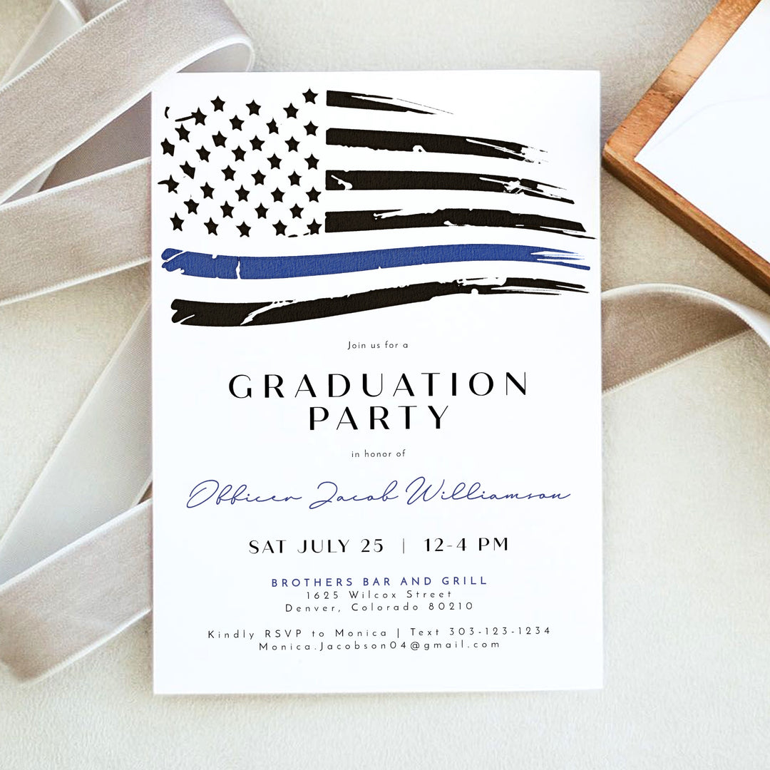 POLICE Modern Thin Blue Line American Flag Police Academy Graduation Party Invitation with Photo
