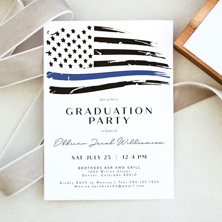 POLICE Modern Thin Blue Line American Flag Police Academy Graduation Party Invitation with Photo