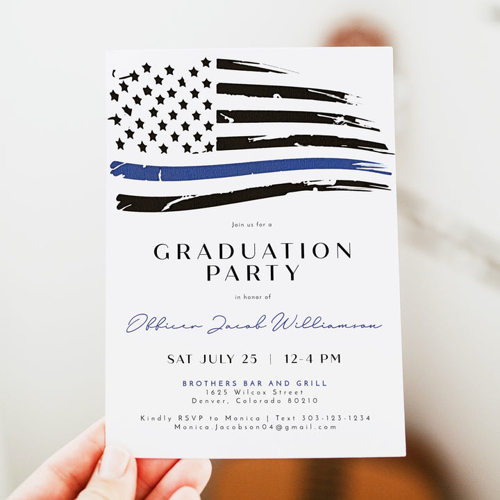 POLICE Modern Thin Blue Line American Flag Police Academy Graduation Party Invitation with Photo