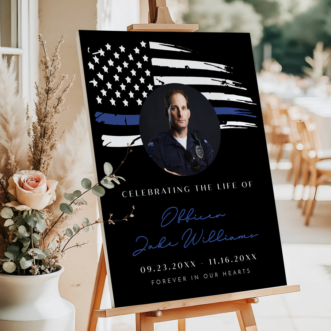 POLICe Black & Blue Thin Blue Line Police Flag Memorial Photo Welcome Sign