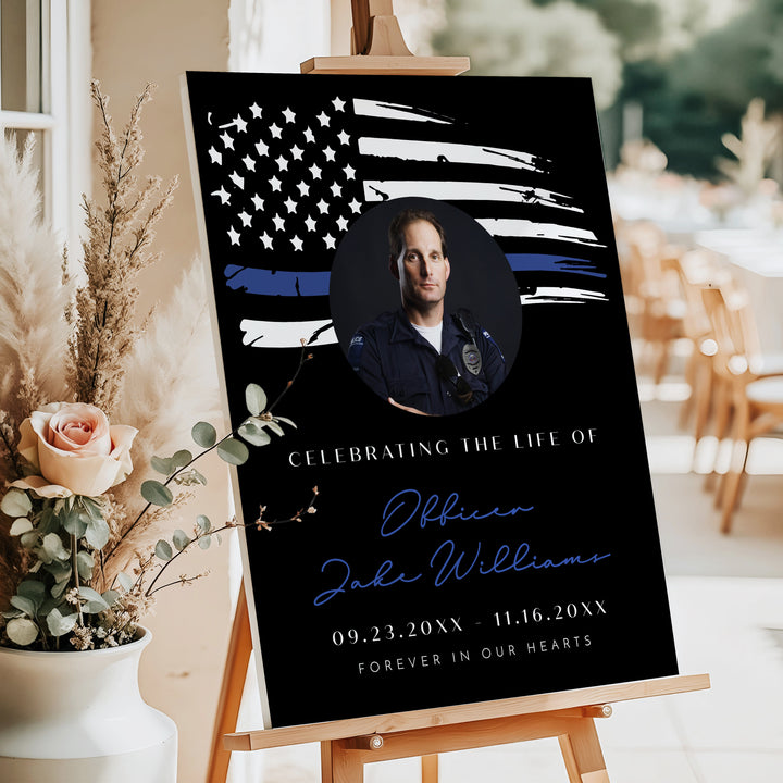 POLICe Black & Blue Thin Blue Line Police Flag Memorial Photo Welcome Sign