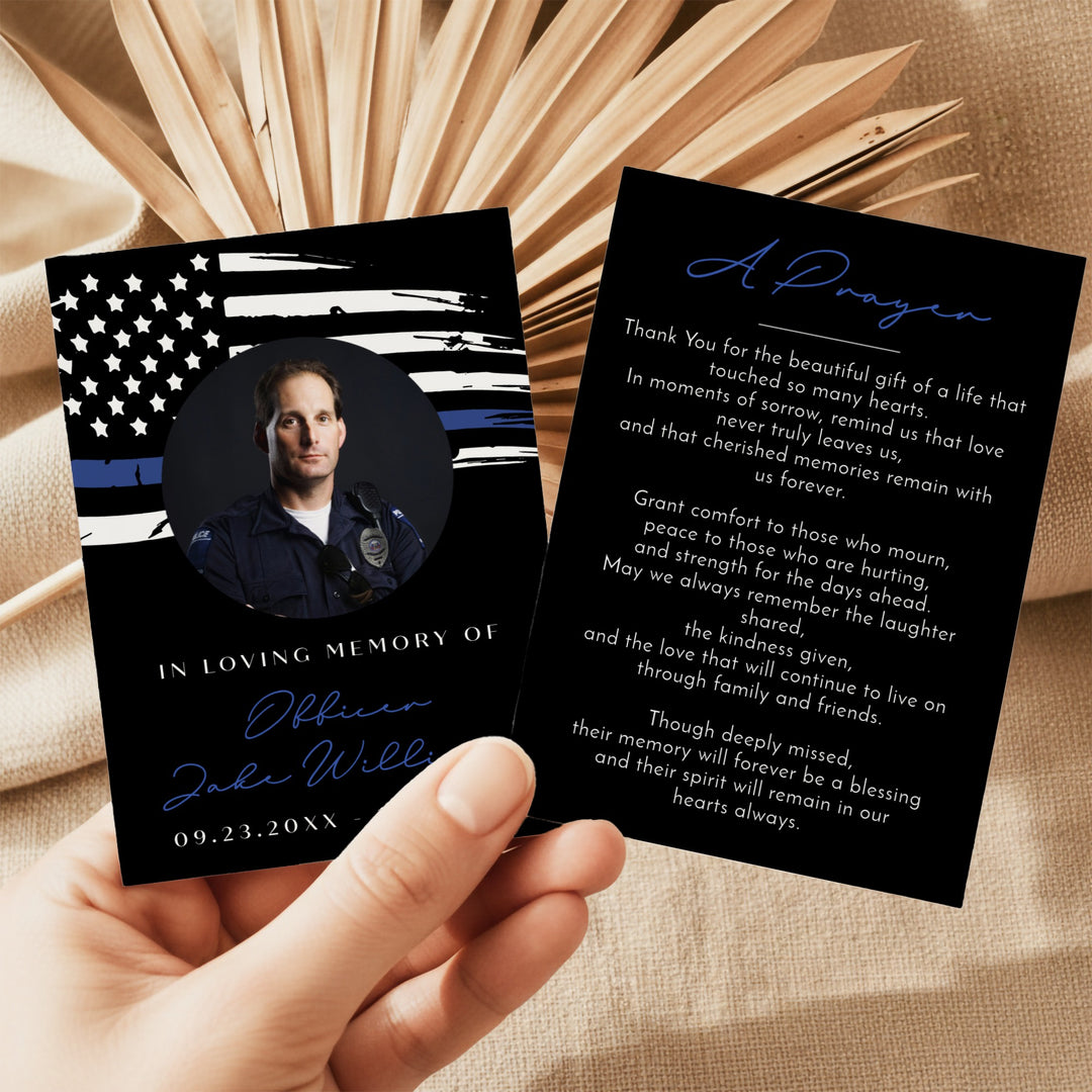 POLICE Black In Loving Memory Thin Blue Line Police Memorial Prayer Card with Photo