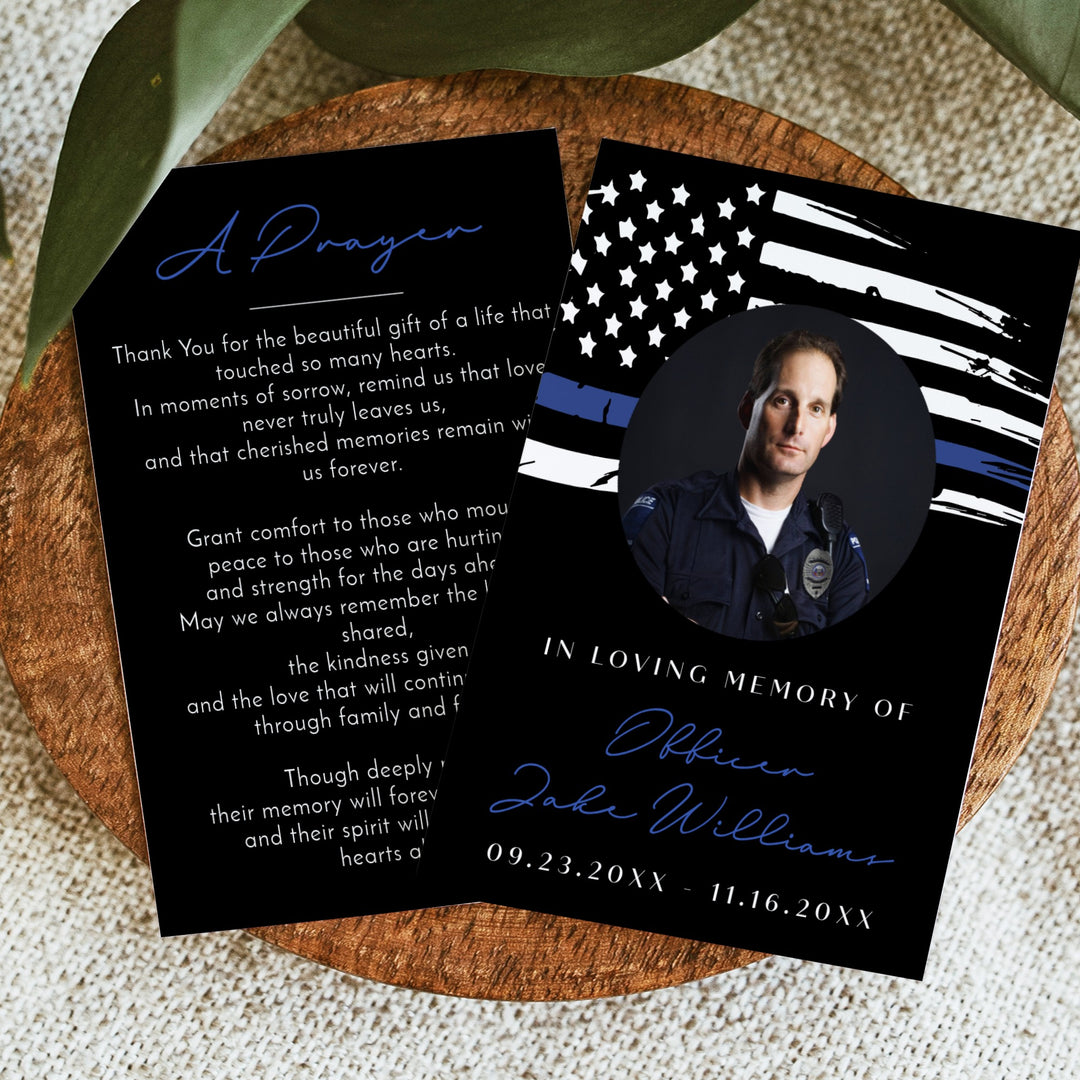 POLICE Black In Loving Memory Thin Blue Line Police Memorial Prayer Card with Photo