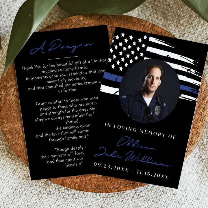POLICE Black In Loving Memory Thin Blue Line Police Memorial Prayer Card with Photo