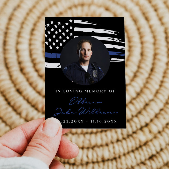 POLICE Black In Loving Memory Thin Blue Line Police Memorial Prayer Card with Photo
