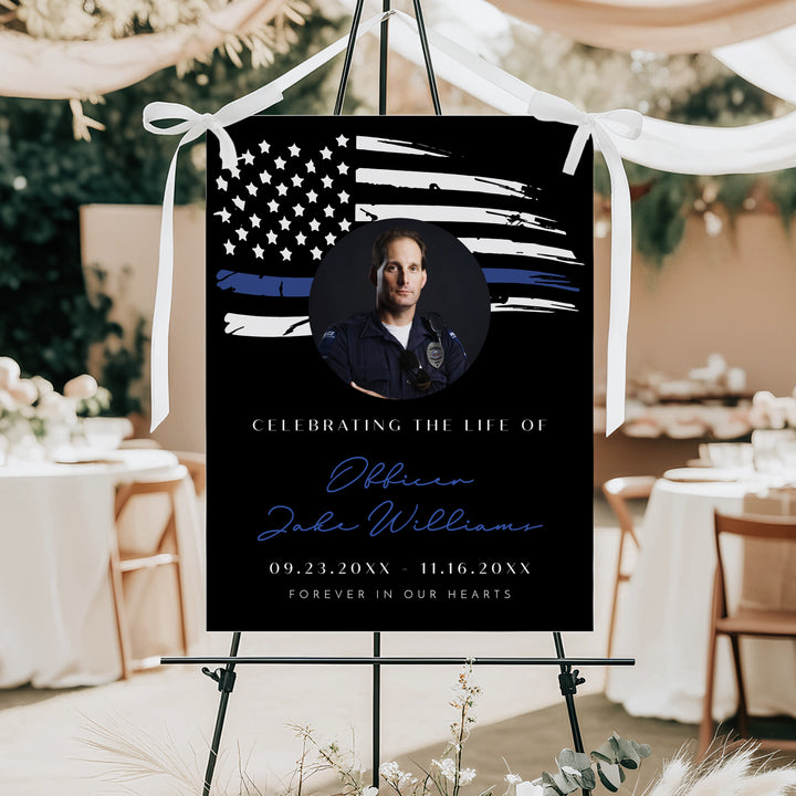 POLICe Black & Blue Thin Blue Line Police Flag Memorial Photo Welcome Sign