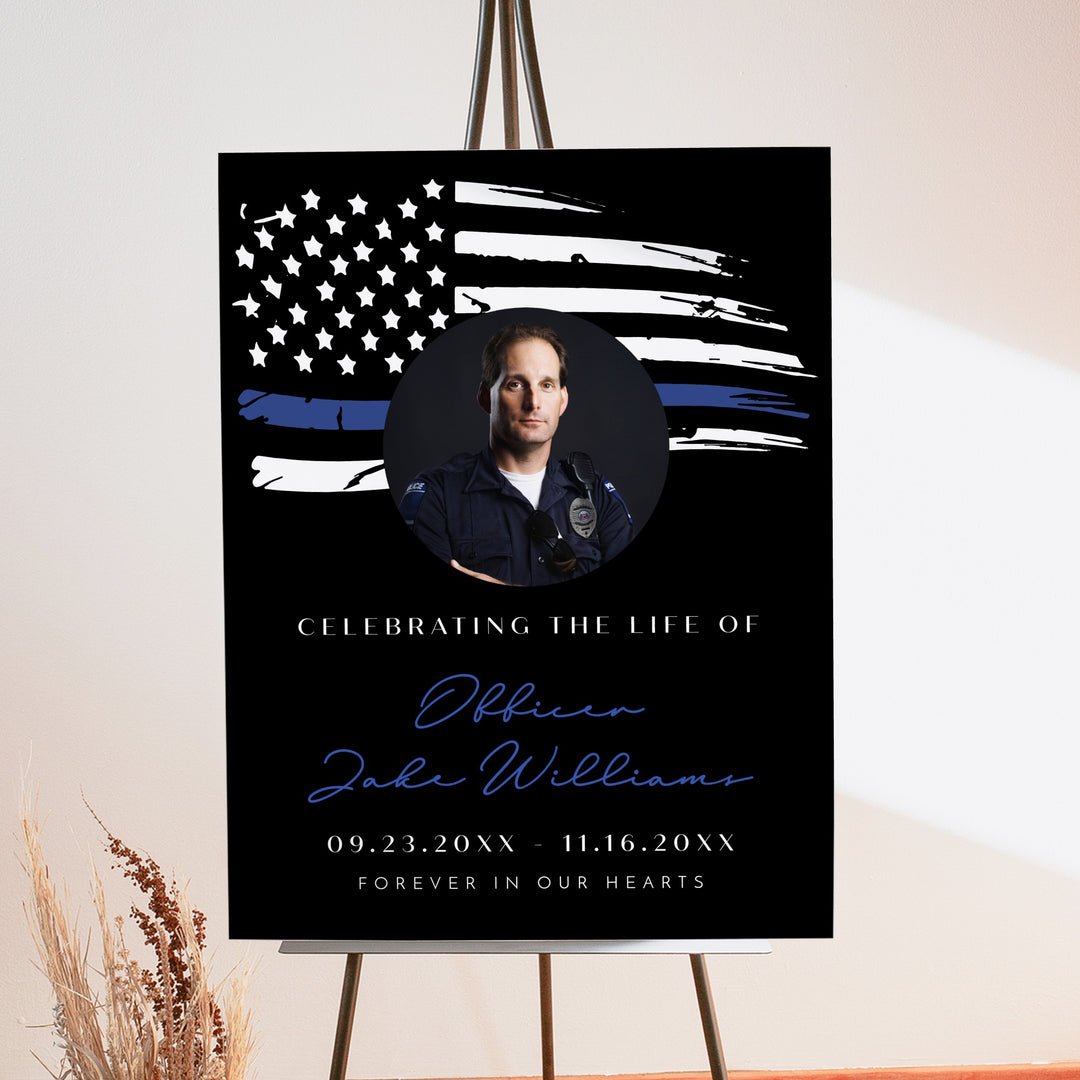 POLICe Black & Blue Thin Blue Line Police Flag Memorial Photo Welcome Sign
