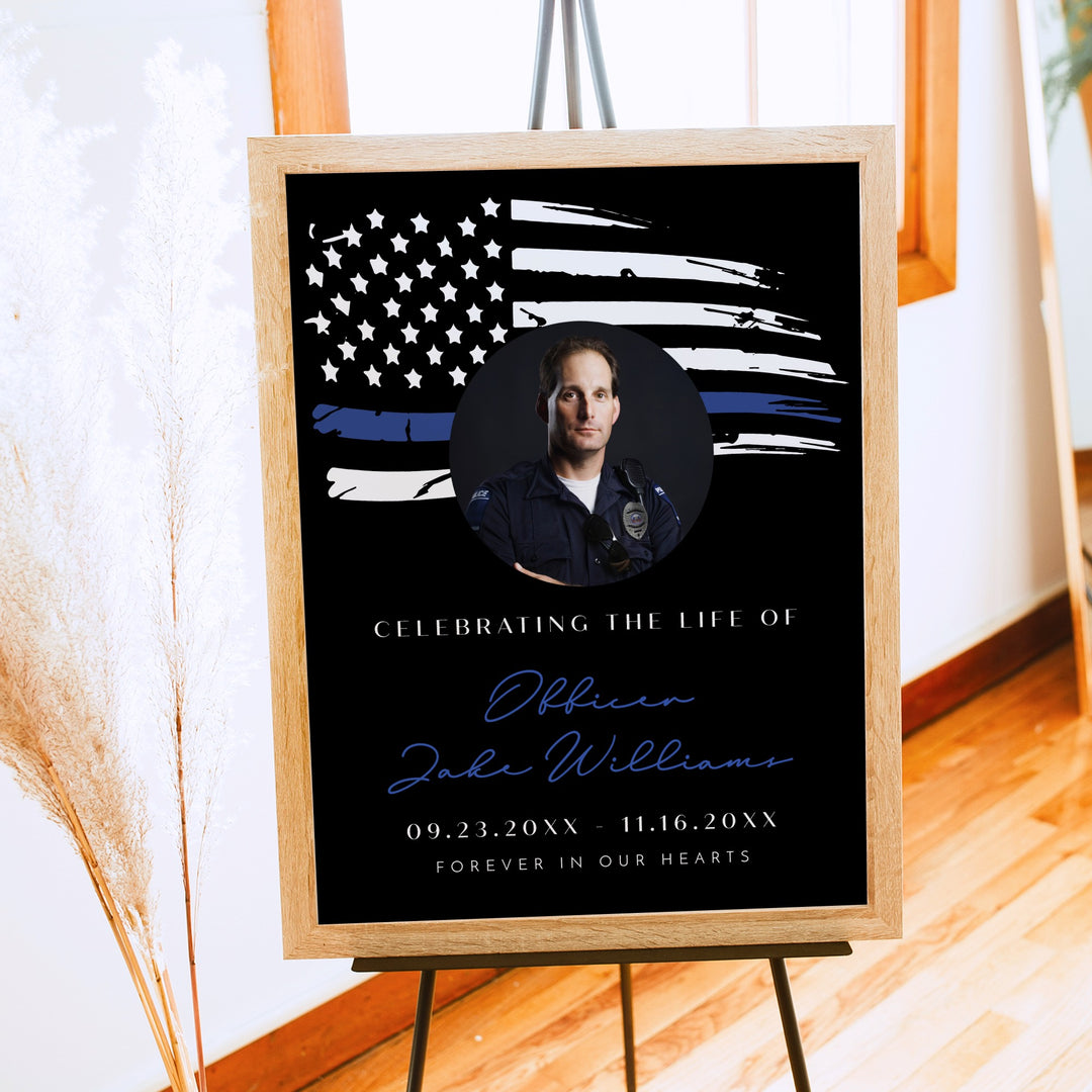 POLICe Black & Blue Thin Blue Line Police Flag Memorial Photo Welcome Sign