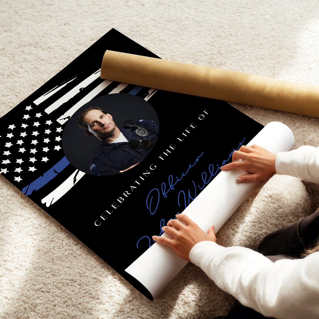 POLICe Black & Blue Thin Blue Line Police Flag Memorial Photo Welcome Sign